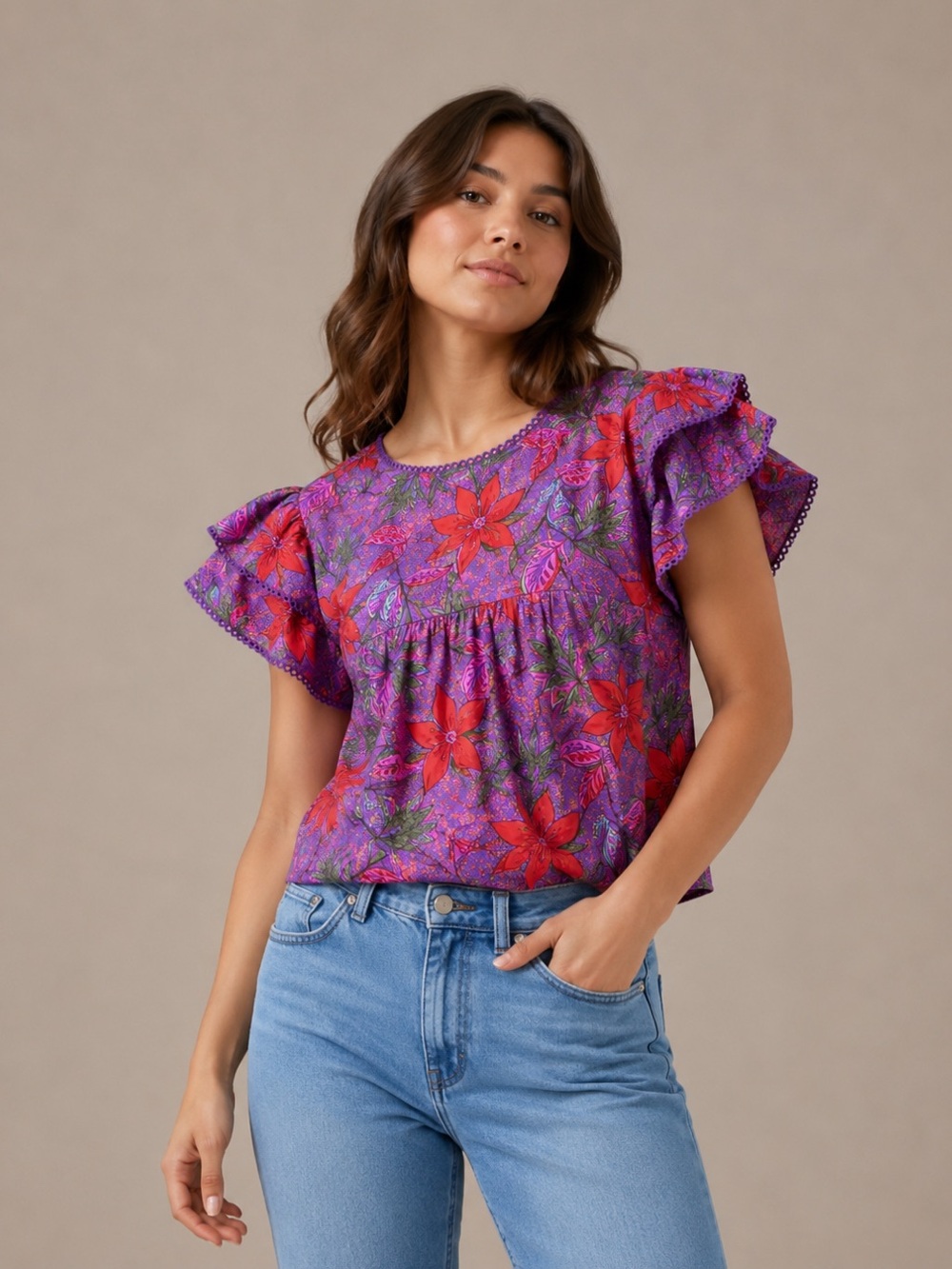 Rose & Olive Purple Floral Flutter Sleeve Blouse